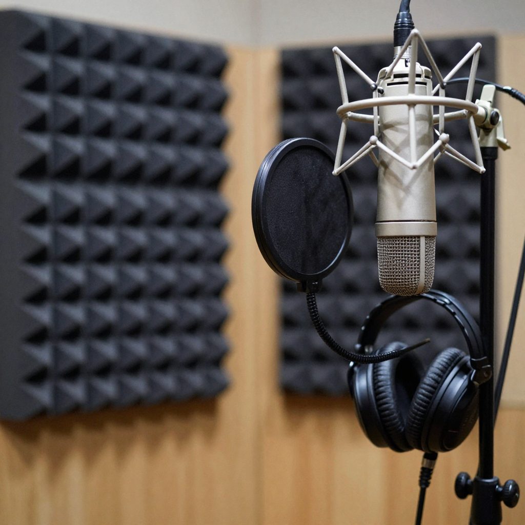 Close-up of microphone and pop filter against indigo acoustic foam.