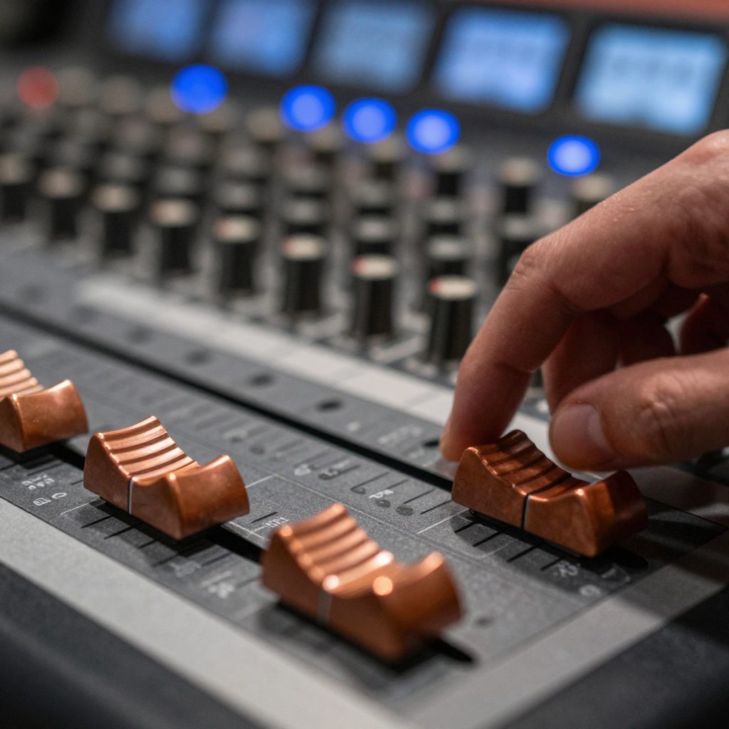 Finger moves a motorized fader on a console under warm copper light.