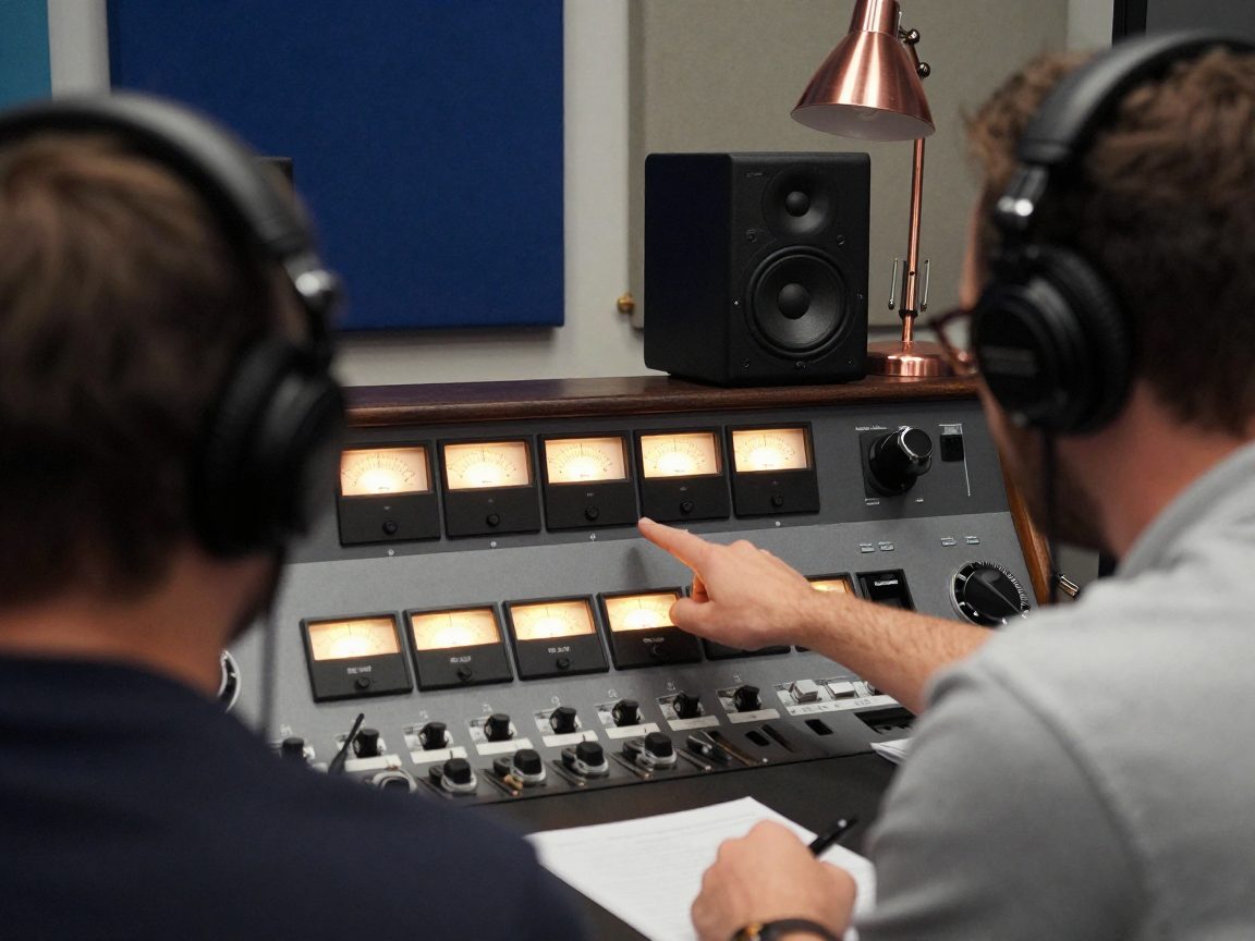 Mastering engineer explains meters while client listens on headphones.