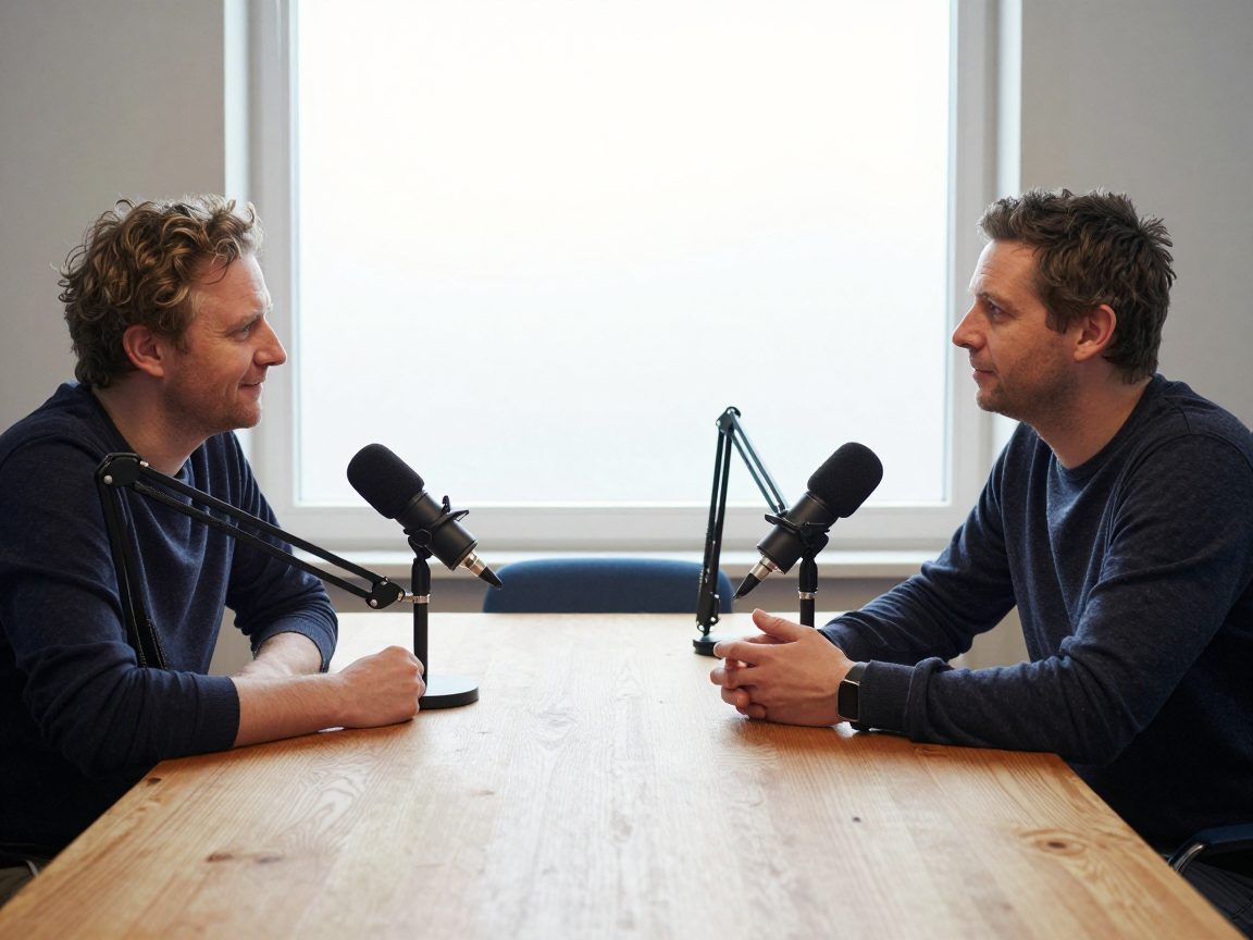 Engineer compares two podcast microphones for guests at the table.