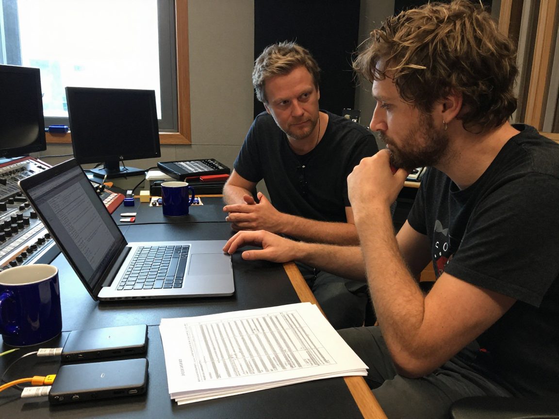 Producer and engineer discuss stem exports at a table in the studio.