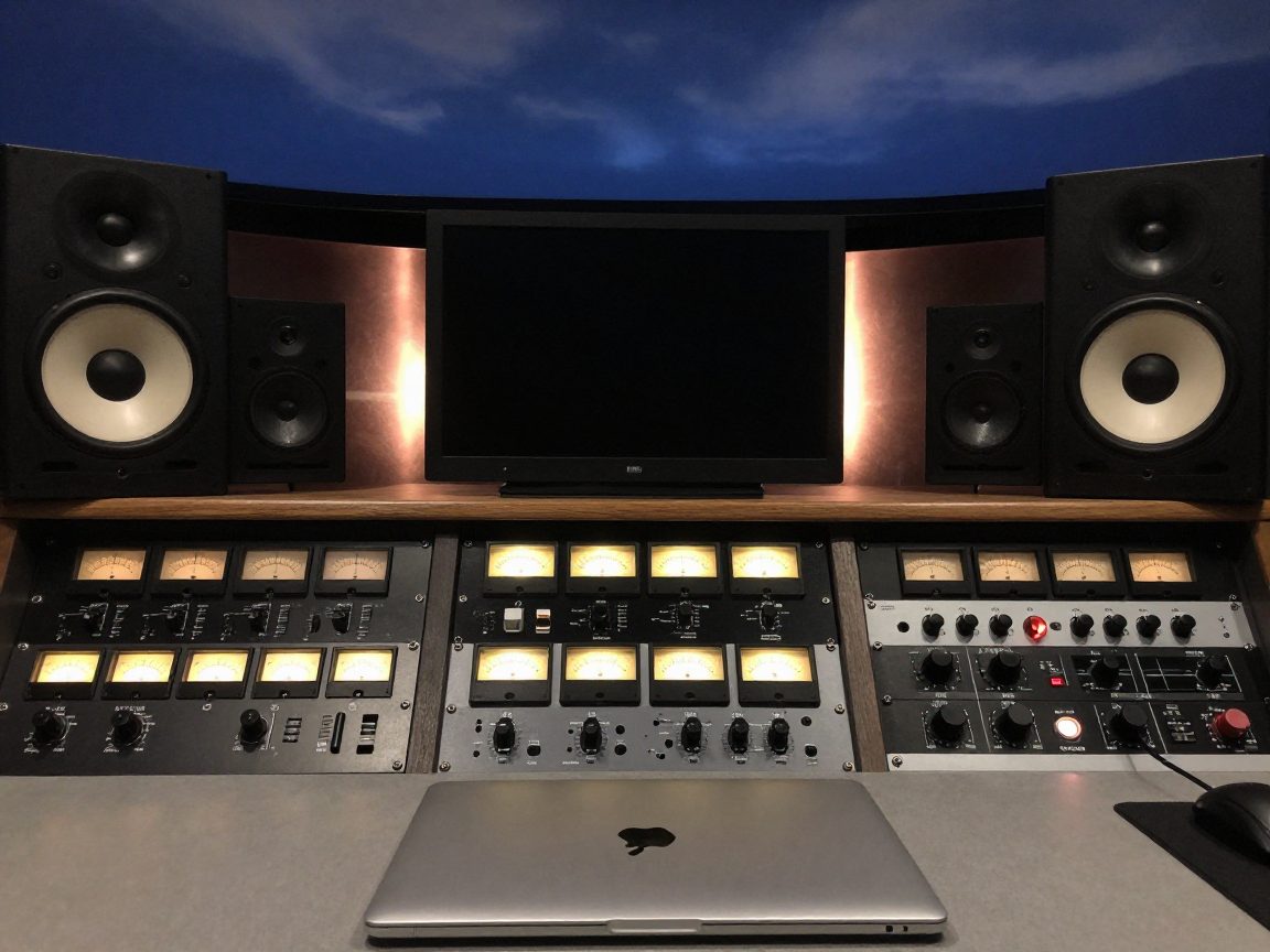 Mastering engineer zit tussen monitors en rack in een gedimde suite.