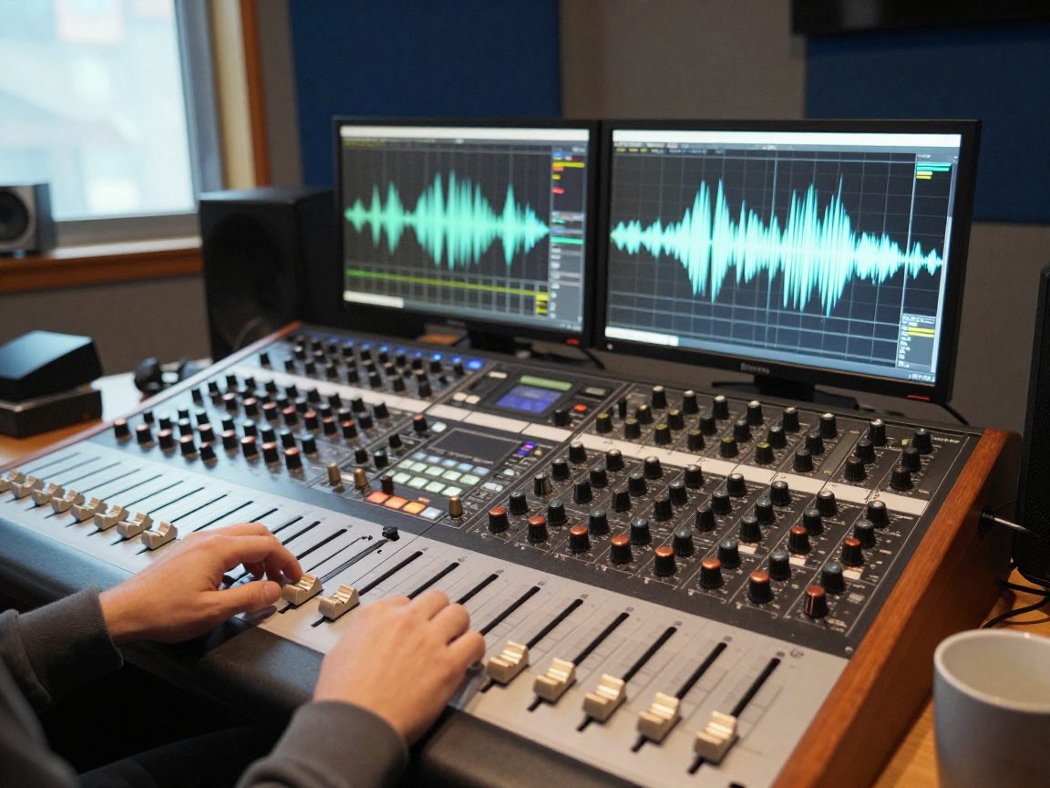 Mix engineer werkt aan een compacte mengtafel met monitors in studio.