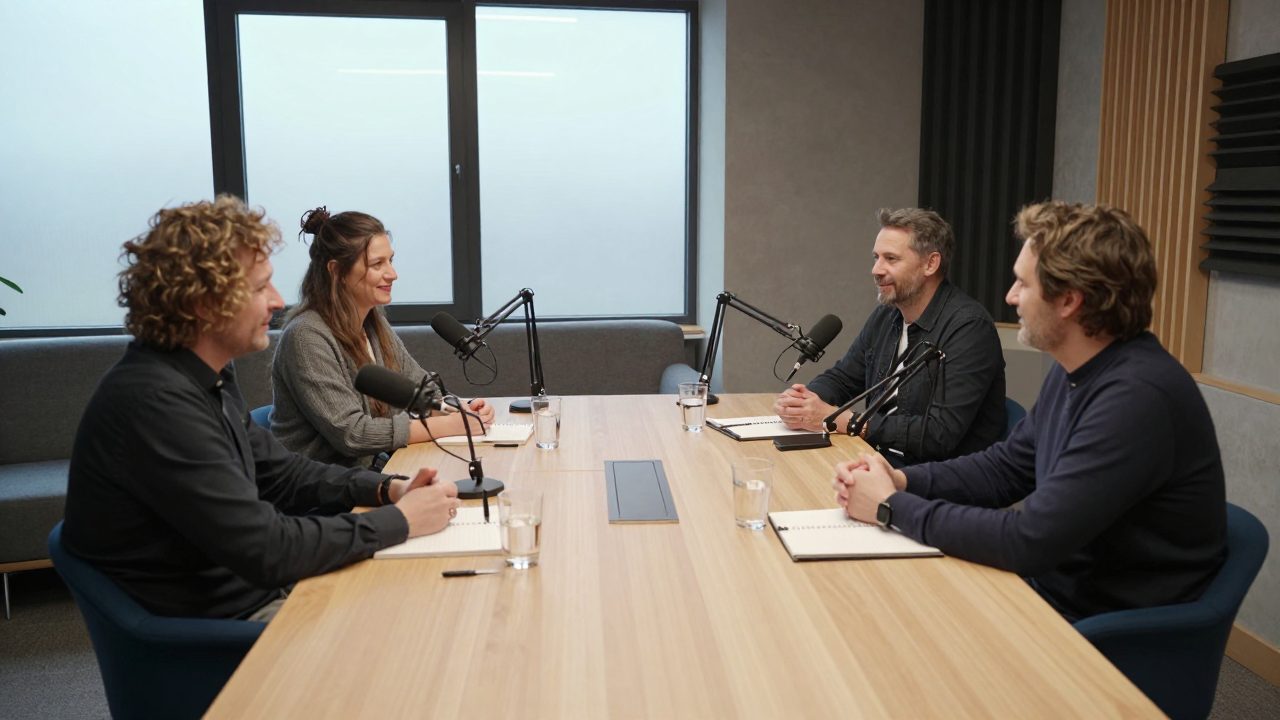Vier gasten praten aan podcasttafel met microfoons in lichte studio.