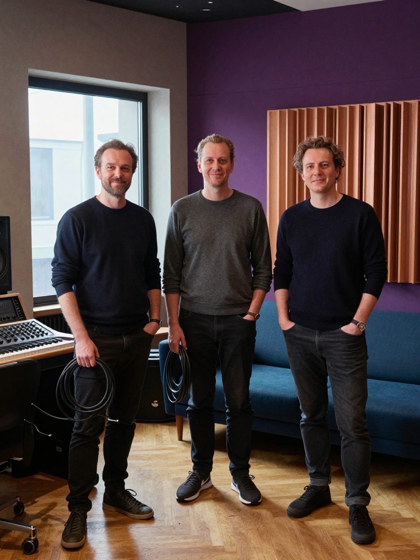 Drie teamleden staan in de lounge van de opnamestudio met kabel.