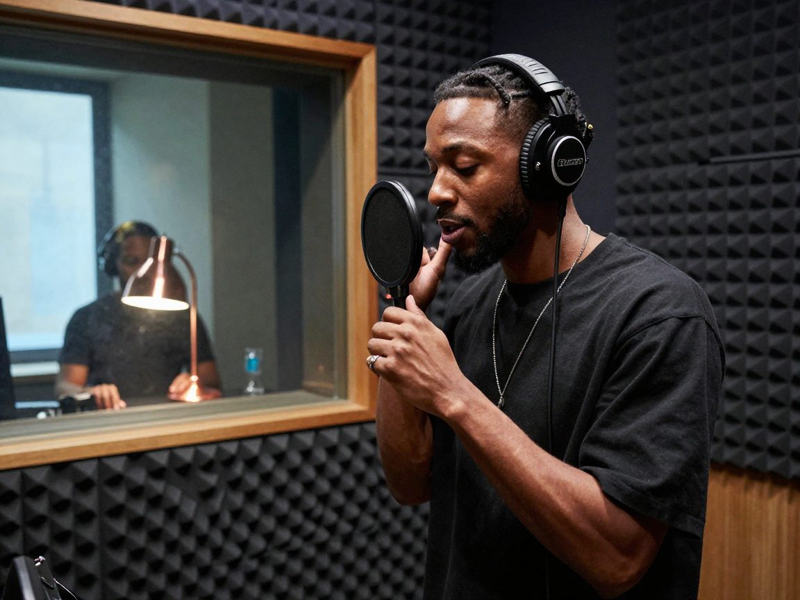 Rapper met koptelefoon spreekt in microfoon in geïsoleerde vocal booth.