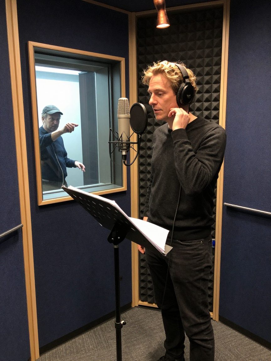 Voice-over artiest staat in booth terwijl engineer door glas signaleert.